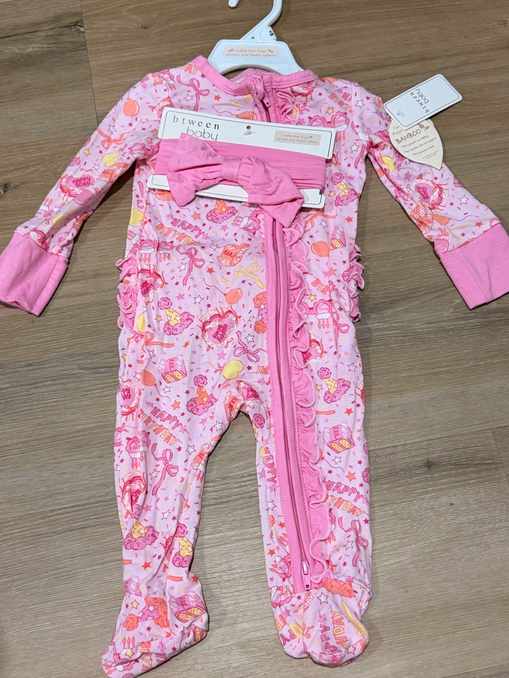 Birthday Pink Ruffle Footed sleeper pajamas outfit w/ Bow size 9 months